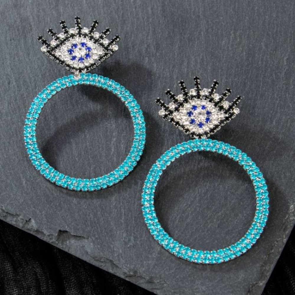 Blue Rhinestone Evil Eye Hoop Earrings (J3)